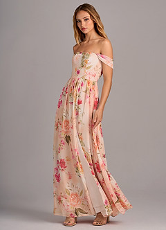Azazie Calianna Bridesmaid Dresses Abstract Bouquet Floral A-Line Off the Shoulder Chiffon Convertible Dress image4