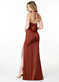 Azazie Myla Bridesmaid Dresses Terracotta Sheath Cowl Keyhole Stretch Satin Dress image2
