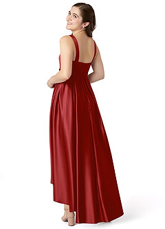 Azazie Inaya Junior Pomegranate A-Line with Belt Stretch Satin Dress image4