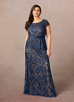 Azazie Dorit Mother of the Bride Dresses Dark Navy Champagne Sheath Scoop Lace Dress image7