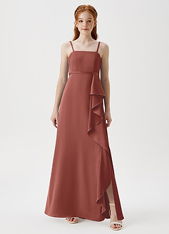 Azazie Kaylee Junior Auburn A-Line with Belt Stretch Satin Dress image3