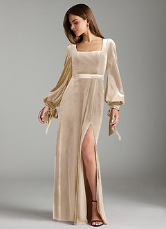 Azazie Leonia Robes de demoiselle d'honneur Robe Trapèze en velours Manche longue Champagne image3