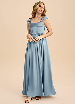Azazie Hattie Junior Dusty Blue A-Line Pleated Stretch Satin Dress image3