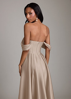 Azazie Loisa Bridesmaid Dresses Taupe A-Line Off the Shoulder Stretch Satin Dress image4
