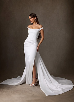 Azazie Marciana Wedding Dresses Diamond White Sheath Off the Shoulder Stretch Satin Dress image3