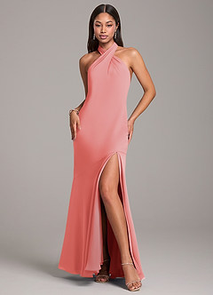 Azazie Lorena Bridesmaid Dresses Coral Mermaid Pleated Chiffon Dress image3