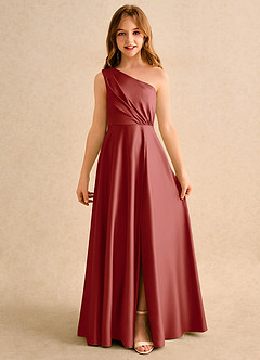 Azazie Puddles Junior Formal Flower Girl Dresses Terracotta A-Line One Shoulder Matte Satin Dress image4