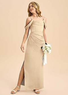 Azazie Saige Junior Robe Fourreau en Satin extensible Épaule décolletée Champagne image5