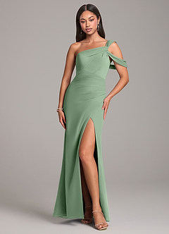 Azazie Wynter Bridesmaid Dresses Matcha Sheath Off the Shoulder Chiffon Dress image1