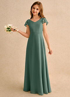 Azazie Nari Girls Formal Flower Girl Dresses Sea Moss A-Line with Sleeves Chiffon Dress image1