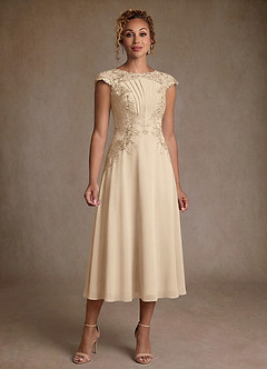 Azazie Crista 신부의 어머니 드레스 A라인 레이스 쉬폰 티 길이 드레스 image1