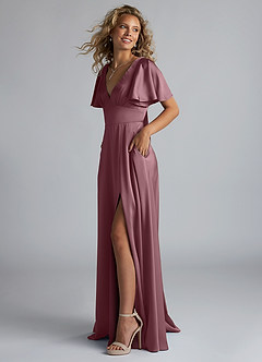Azazie Kimber Bridesmaid Dresses Amethyst A-Line Ruched Stretch Satin Dress image6