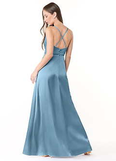 Azazie Naomie Final Sale Steel Blue A-Line Cowl Neckline Side Slit Stretch Satin Dress image2