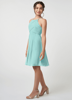 Azazie Ginny Junior Aqua A-Line Pleated Chiffon Dress image3