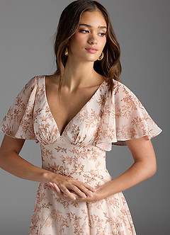 Azazie Kimber Bridesmaid Dresses Pink Fern Floral A-Line Flounce Sleeve Chiffon Dress image5