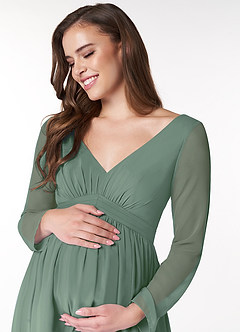 Azazie Teton1 vestidos de dama de honor de maternidad Vestido de Acampanado Manga larga Largo hasta el piso Stretch Satin image5