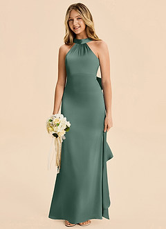 Azazie Ayah Junior Meerjungfrau-Linie Hoher Kragen Stretch-Satin Kleid Eukalyptus image2
