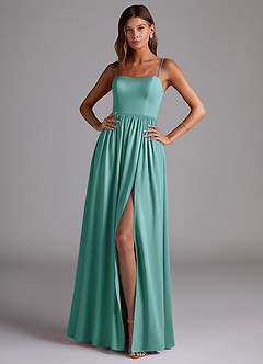 Azazie Calianna Bridesmaid Dresses Aqua A-Line Off the Shoulder Stretch Satin Convertible Dress image1