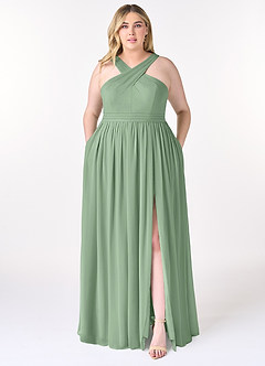 Azazie Elvira Abiti da Damigella Abito A-Line in Chiffon Plissettato Matcha image7