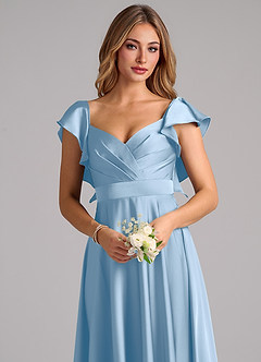 Azazie Leilani Bridesmaid Dresses Powder Blue A-Line Ruched Stretch Satin Dress image5