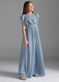 Azazie Daphne Junior Robe Trapèze en Mousseline de soie Plissée Bleu Poussiéreux image3