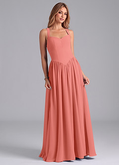 Azazie Francis Vestidos de damas de honor Vestido Rosa Salmón de Gasa de Línea A con Corsé image4