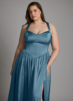 Azazie Francis Brautjungfernkleider A-Linie Korsett Stretch-Satin Kleid Bermudablau image14