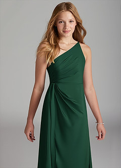 Azazie Mika Junior Robe Trapèze en Satin extensible Plissée Vert Foncé image4