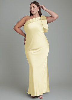Azazie Yuanna Bridesmaid Dresses Lemon Sorbet Mermaid One Shoulder Stretch Satin Dress image11