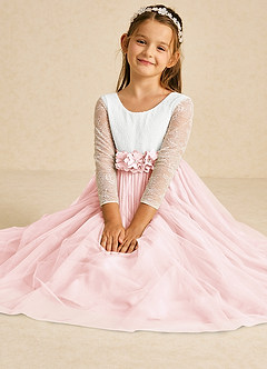 Azazie Mae Flower Girl Dresses Ivory Blushing Pink A-Line Bow Tulle Dress image2