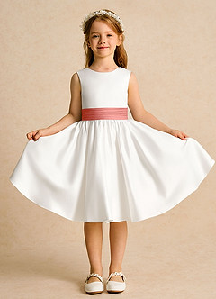 Azazie Sosie Flower Girl Dresses Ivory Salmon Pink A-Line Pleated Matte Satin Dress image2
