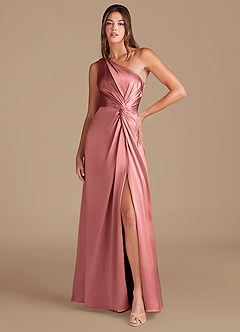 Azazie Brooke Brautjungfernkleider A-Linie One-Shoulder Metallischer Satin Kleid Rosettenrosa image1