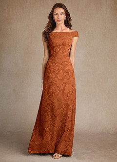 Azazie Moore vestidos de madre de la novia Vestido de Naranja Quemada de Devorado Floral de Corte en A con Cuello de barco image3