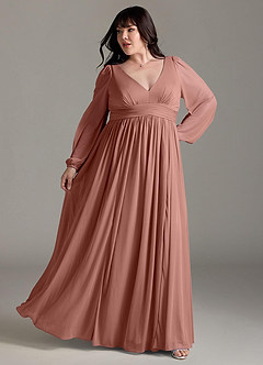 Azazie Norah Bridesmaid Dresses Cedar Rose A-Line V-Neck Long Sleeve Chiffon Dress image8