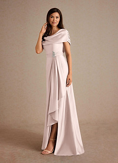 Azazie Branford Mother of the Bride Dresses Blushing Pink A-Line Pleated Stretch Satin Dress image2