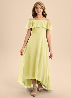 Azazie Maggie Junior Lemon Sorbet A-Line Off the Shoulder Chiffon Dress image5