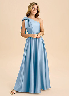 Azazie Penguin Junior Powder Blue A-Line Bow Stretch Satin Dress image4
