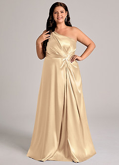 Azazie Brooke Bridesmaid Dresses Gold A-Line One Shoulder Metallic Satin Dress image10