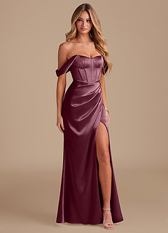 Azazie Asha Bridesmaid Dresses Cabernet Sheath Off the Shoulder Metallic Satin Dress image4