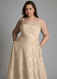Azazie Shaude Bridesmaid Dresses Champagne A-Line Pleated Floral Burnout Dress image10