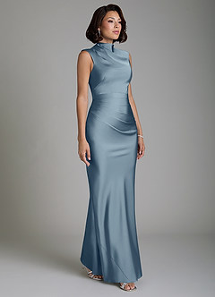 Azazie Lumia At-home Try On Dresses Dusty Blue Sheath Corset Stretch Satin Dress image4