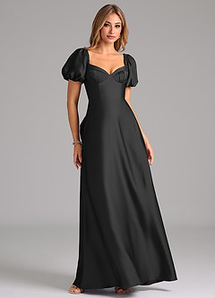 Azazie Fatima Bridesmaid Dresses Black A-Line Pleated Stretch Satin Dress image1