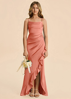 Azazie Mia Junior Salmon Pink Mermaid Pleated Stretch Satin Dress image3