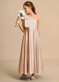 Azazie Guppy Junior Formal vestidos de niña de las flores Vestido de Rosa Inglesa de Satin Mate de Corte En A con Hombro unilateral image4