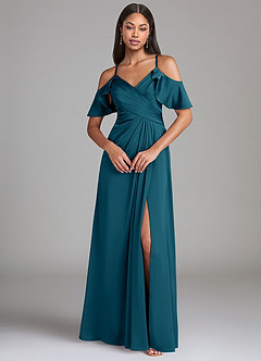 Azazie Dakota Bridesmaid Dresses Ink Blue A-Line Off the Shoulder Stretch Satin Dress image3