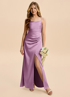 Azazie Minnie Junior Wisteria Sheath Ruched Stretch Satin Dress image4