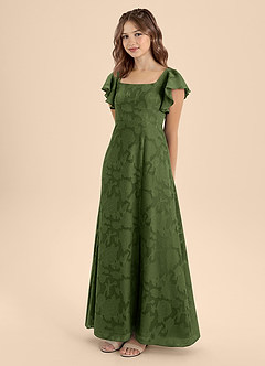 Azazie Bondi Junior Olive A-Line Bow Floral Burnout Dress image3