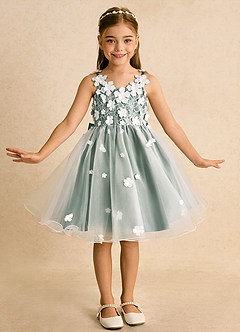 Azazie Junebug vestidos de niña de las flores Vestido de Marfil Eucalipto de Tul de Princesa con Encaje image3