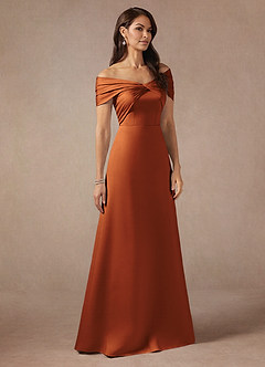 Azazie Amelia Mother of the Bride Dresses Cinnamon A-Line Off the Shoulder Stretch Satin Dress image4
