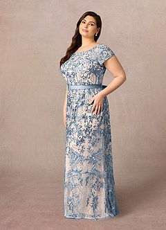 Azazie Dorit Mother of the Bride Dresses Dusty Blue Champagne Sheath Scoop Lace Dress image8